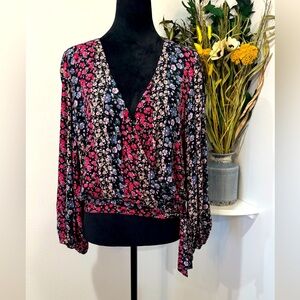 American Eagle Outfitters Floral Wrap Blouse - Black and Pink